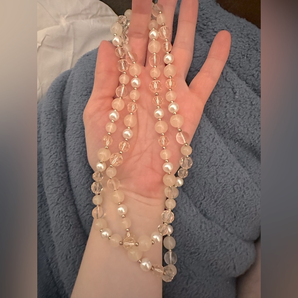 Beaded long fashion necklace, pink/nude, 36” chain, statement women’s jewelry